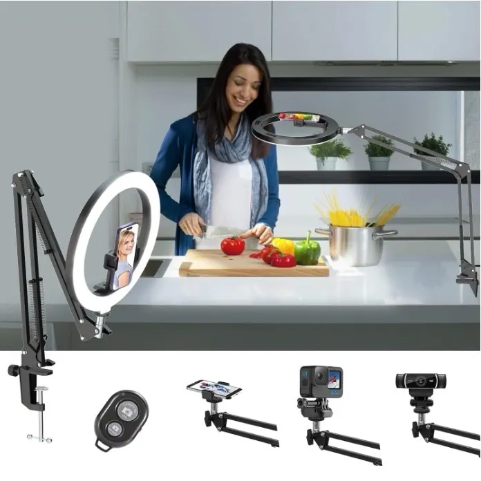 ភ្លើងចិញ្ចៀន Amazon ទំហំ 10 អ៊ីញ សម្រាប់ថតវីដេអូលើទូរសព្ទដៃ ដោយប្រើជើងទ្រពីលើ ភ្លើងបំពេញ តង្កៀបផ្សាយផ្ទាល់លើតុ